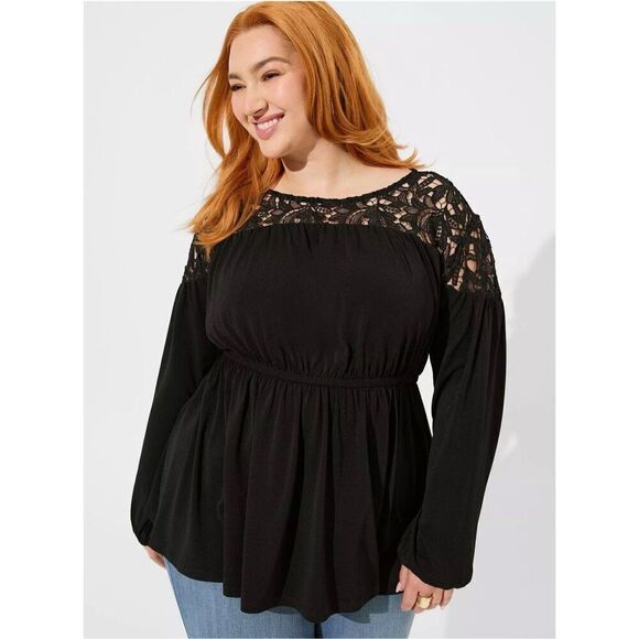 Black Studio Crepe Crew Neck Lace Yoke Babydoll Top sz 2 - Picture 1 of 6